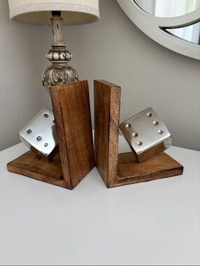 Wood & Metal Dice Bookends Neutral Colors